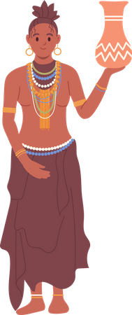 Femme autochtone africaine en vêtements traditionnels tenant une cruche d'argile indigène  Illustration