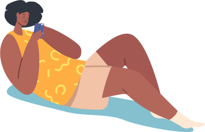 Femme accro au smartphone allongée sur le sol  Illustration