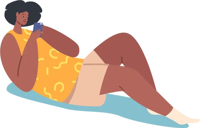 Femme accro au smartphone allongée sur le sol  Illustration