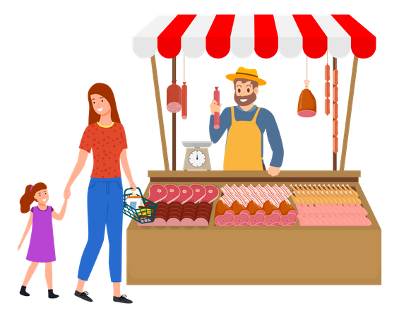 Femme achetant de la viande dans un magasin local de boucher  Illustration