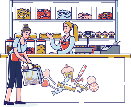 Femme achetant des bonbons dans un magasin de bonbons  Illustration