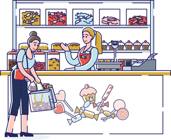 Femme achetant des bonbons dans un magasin de bonbons  Illustration