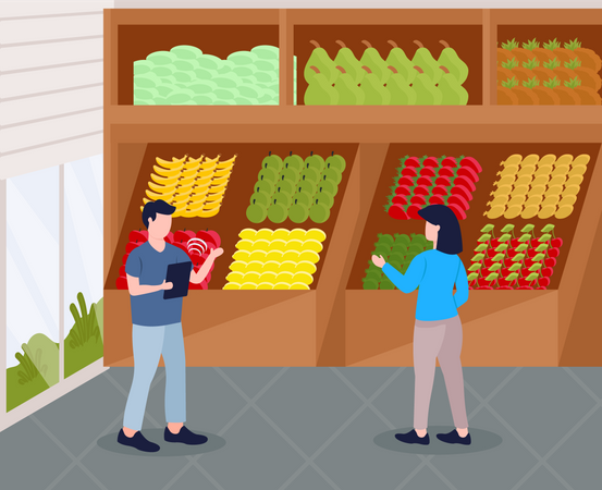 Femme achetant des fruits dans un magasin  Illustration