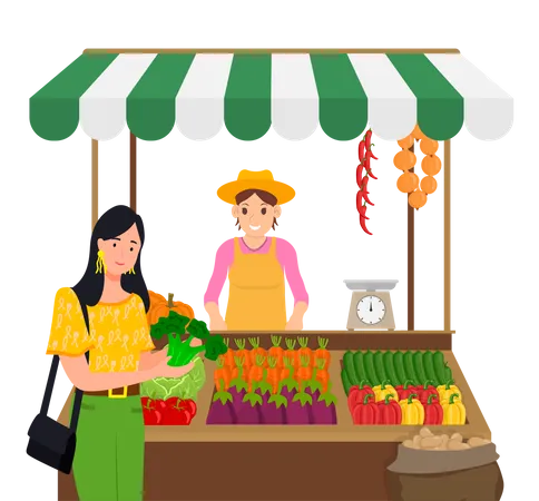 Femme achetant des légumes frais chez un vendeur de rue  Illustration