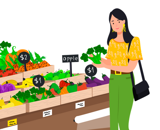 Femme achetant une épicerie de légumes frais  Illustration