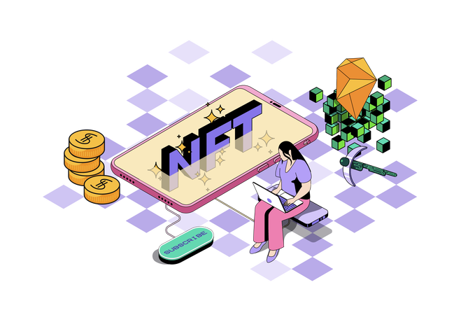 Une femme achète des peintures d'art virtuelles et des œuvres d'art cryptographiques électroniques  Illustration
