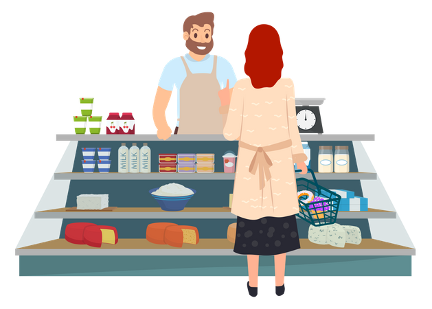 Femme achetant des produits laitiers frais  Illustration