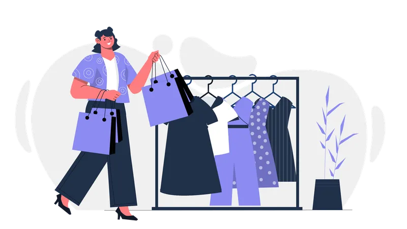 Femme achetant des robes dans une boutique  Illustration