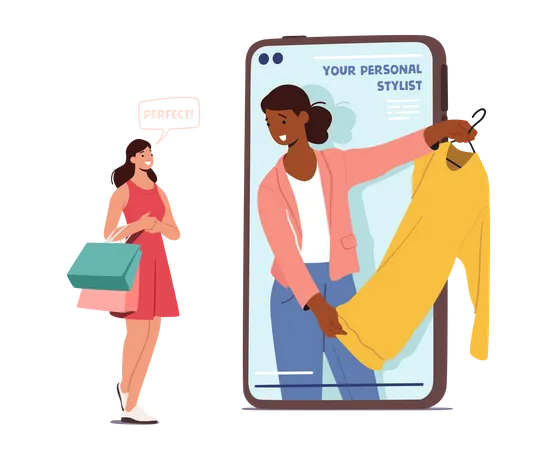 Femme achetant des vêtements auprès d'un styliste personnel à l'aide d'une application pour smartphone  Illustration