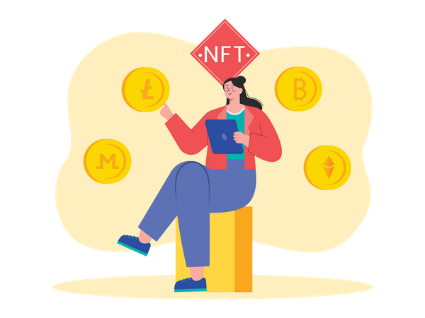 Femme achetant du NFT avec différentes pièces cryptographiques  Illustration