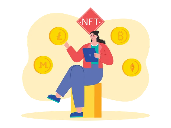 Femme achetant du NFT avec différentes pièces cryptographiques  Illustration