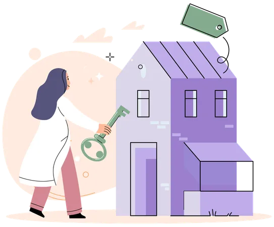 Femme achetant une maison immobilière  Illustration