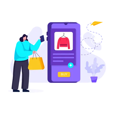 Femme achetant un sac à main depuis une application d'achat en ligne  Illustration