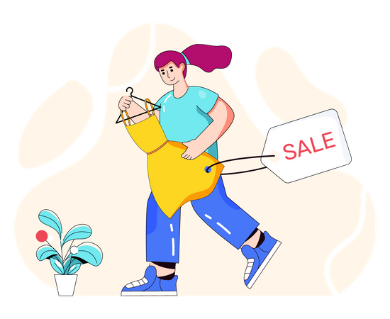 Femme achetant une robe à prix réduit  Illustration