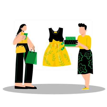 Femme achetant une robe dans un magasin de mode  Illustration