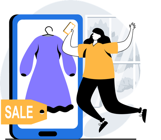 Femme achetant une robe sur mobile  Illustration