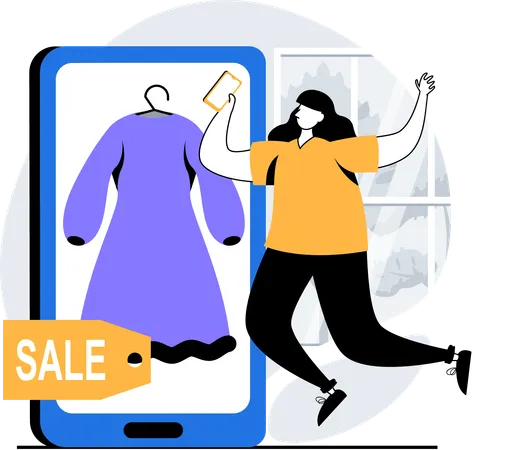 Femme achetant une robe sur mobile  Illustration