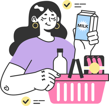 Une femme achète une brique de lait  Illustration