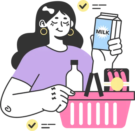 Une femme achète une brique de lait  Illustration