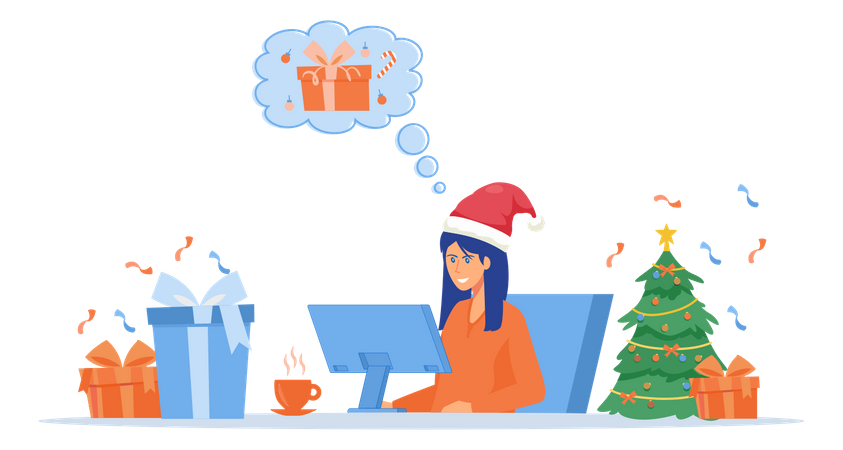 Une femme achète des cadeaux de Noël en ligne  Illustration