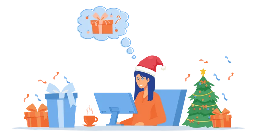 Une femme achète des cadeaux de Noël en ligne  Illustration