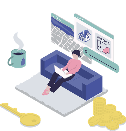 Une femme achète une maison de location en ligne  Illustration