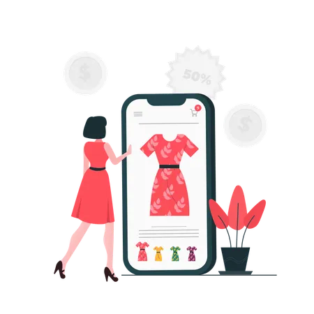 Femme Acheter une robe dans la boutique en ligne  Illustration