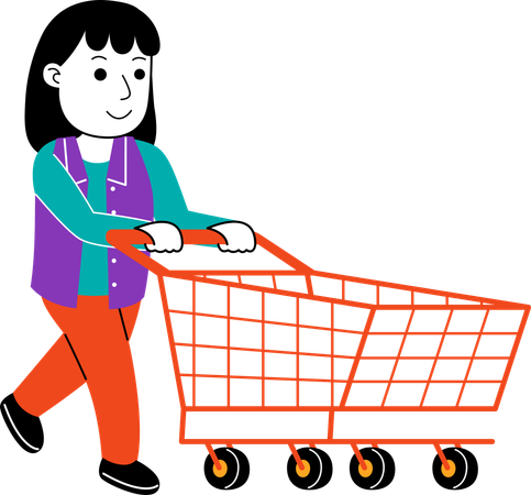 Femme Shopper poussant un chariot vide  Illustration