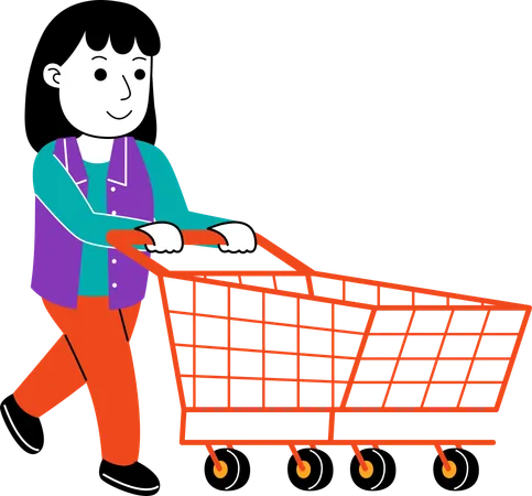 Femme Shopper poussant un chariot vide  Illustration