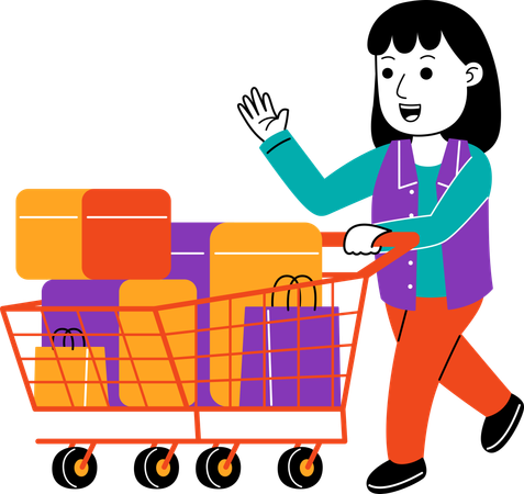 Femme Shopper transportant des produits d'épicerie sur un chariot  Illustration