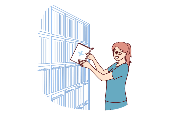 Une administratrice de clinique avec une carte de patient se trouve près d'un rack avec des archives de patients  Illustration