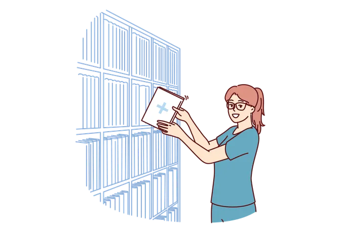 Une administratrice de clinique avec une carte de patient se trouve près d'un rack avec des archives de patients  Illustration