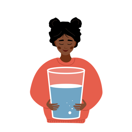 Une femme africaine assoiffée tient un grand verre d'eau propre  Illustration