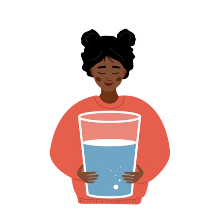 Une femme africaine assoiffée tient un grand verre d'eau propre  Illustration