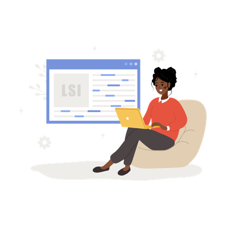 Femme africaine avec ordinateur portable et optimisation de la recherche de mots  Illustration