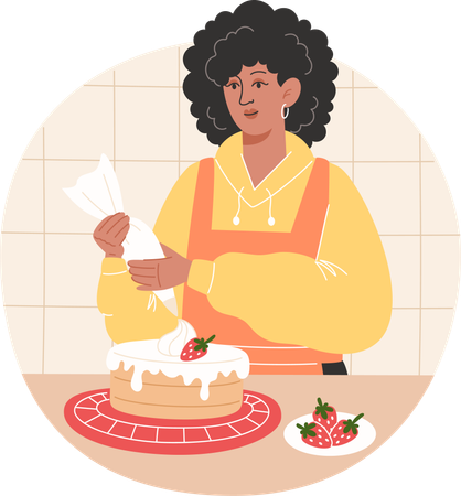 Une femme africaine prépare un gâteau aux fraises à la maison  Illustration