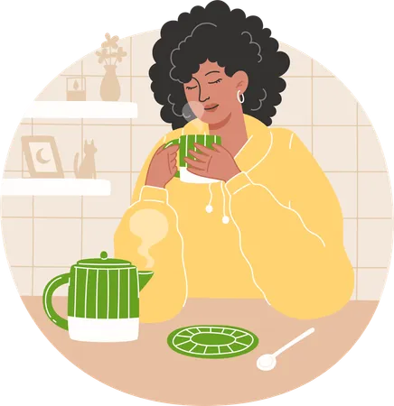 Femme afro-américaine buvant du thé dans une cuisine confortable  Illustration