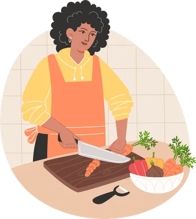 Femme afro-américaine coupant des légumes et préparant de la nourriture  Illustration