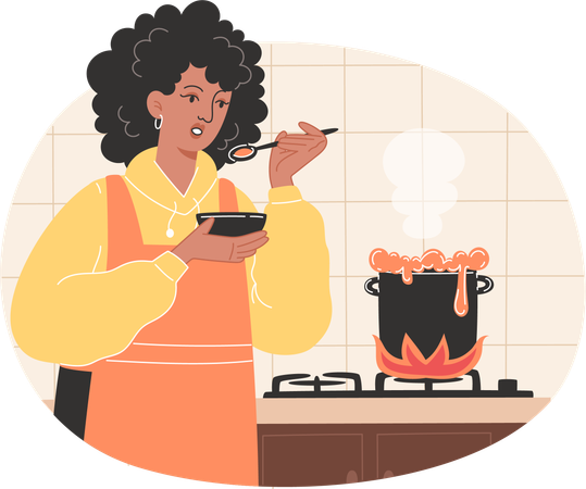 Femme afro-américaine préparant de la soupe dans une cuisine confortable  Illustration