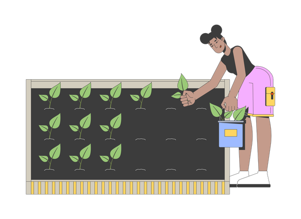 Une femme afro-américaine jardine et plante des semis dans le sol  Illustration