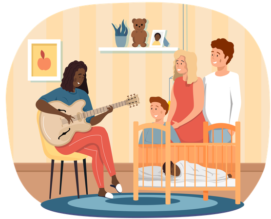 Une femme afro-américaine joue de la guitare et chante à un petit enfant et à d'autres membres de sa famille à la maison  Illustration