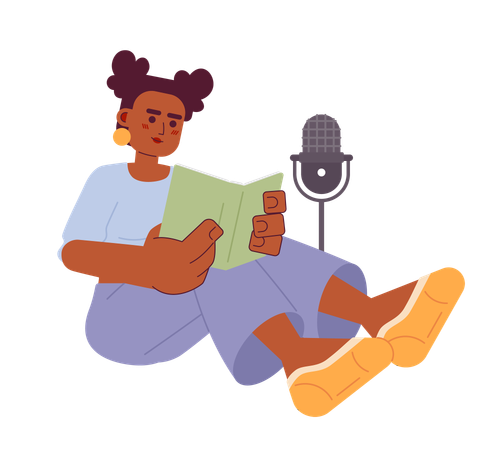 Femme afro-américaine lisant un livre sur un microphone  Illustration