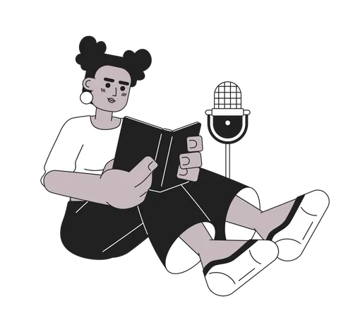 Femme afro-américaine lisant un livre sur un microphone  Illustration