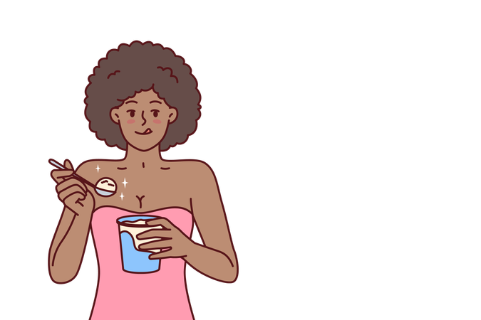 Femme afro-américaine mangeant de la glace en dégustant un dessert froid pour se rafraîchir après une promenade chaude  Illustration