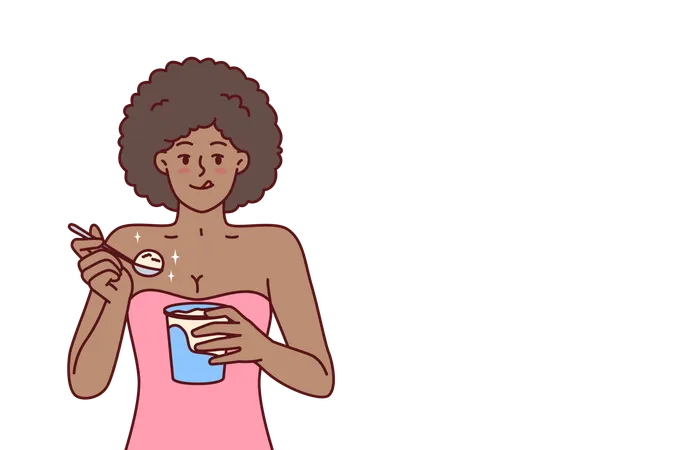 Femme afro-américaine mangeant de la glace en dégustant un dessert froid pour se rafraîchir après une promenade chaude  Illustration