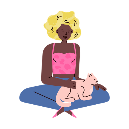Personnage de dessin animé de femme afro-américaine assis sur le sol et caressant un chat  Illustration