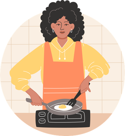 Femme afro-américaine préparant le petit-déjeuner et faisant frire des œufs brouillés dans une cuisine confortable  Illustration