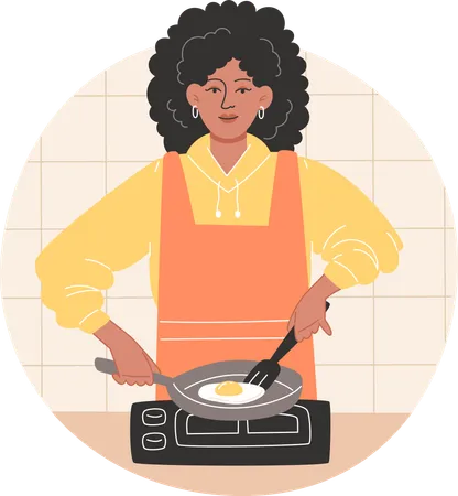 Femme afro-américaine préparant le petit-déjeuner et faisant frire des œufs brouillés dans une cuisine confortable  Illustration