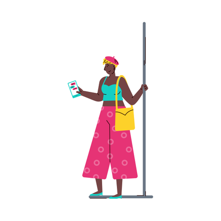 Femme afro-américaine utilisant un téléphone portable dans une rame de métro Illustration