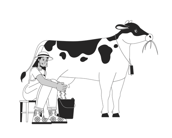 Femme afro-américaine traire la vache  Illustration